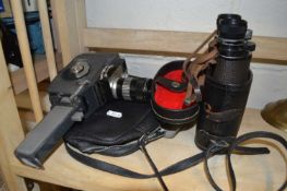 Jelco Japan Zoom 8SE cine camera together with a pair of Schuetz binoculars, cased