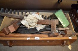 Box of assorted workshop items to include hand tools