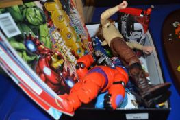 A quantity of childrens toys to include a Marvel Avengers Assemble sticker book, Spiderman