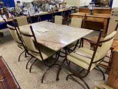 Modern Bennington marble topped Windsor dining table together with a set of six Balmoral chairs,