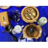 Mixed Lot: Turned wooden bowls, small Jasper ware trinket box, tankard, brass wares, shaving mug