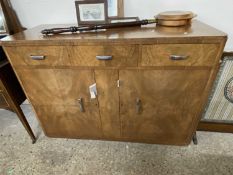 Art Deco style walnut veneered sideboard with three drawers and two doors, 127cm wide