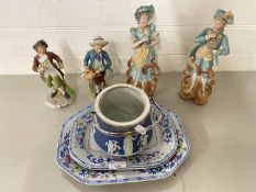 Mixed Lot: Continental figures, Jasper ware biscuit barrel, Spode plates etc