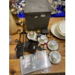 Mixed Lot: Fire tools, Noritaki cups and saucers, various cruet items, box make up set, vintage