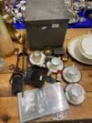 Mixed Lot: Fire tools, Noritaki cups and saucers, various cruet items, box make up set, vintage