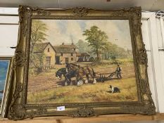 Cyril Dickins, heavy horses ploughing, oil on canvas, gilt framed