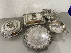 Mixed Lot: Silver plated entre dishes, serving tray and other items