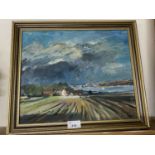 Celia Weston, study of rural scene with view towards estuary, oil on board, gilt framed