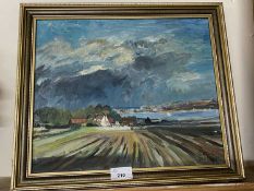 Celia Weston, study of rural scene with view towards estuary, oil on board, gilt framed