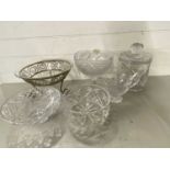 Collection of various glass bowls, large glass biscuit barrel etc