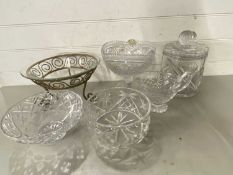 Collection of various glass bowls, large glass biscuit barrel etc