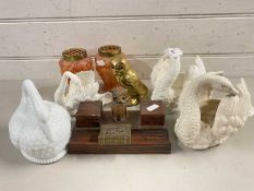 Mixed Lot: Porcelain model swans, small milk glass swan shaped container, pair of mottled glass