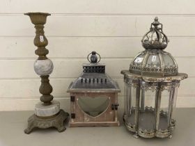Mixed Lot: Two modern lanterns and a candle holder
