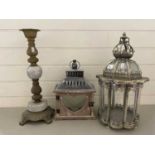 Mixed Lot: Two modern lanterns and a candle holder