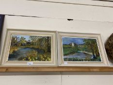 Celia Weston, pair of studies riverside views, oil on board, set in white finish frames