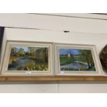 Celia Weston, pair of studies riverside views, oil on board, set in white finish frames