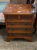 Small reproduction yew wood veneered five drawer chest, 42cm wide