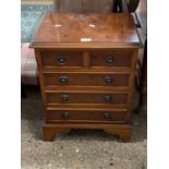Small reproduction yew wood veneered five drawer chest, 42cm wide