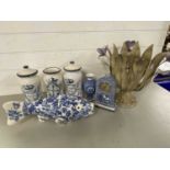 Mixed Lot: Reproduction blue and white drug jars, large pottery fish, small blue and white mantel