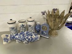 Mixed Lot: Reproduction blue and white drug jars, large pottery fish, small blue and white mantel