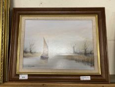 Terry Walsh - Wherry on the Thurne - oil on board - framed 47 cm wide