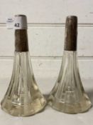 Pair of clear glass dressing table bottles with silver collars