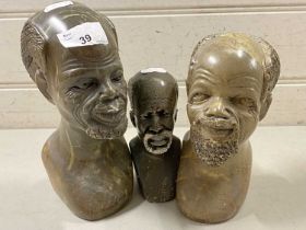 Three African soap stone carved busts probably from Zimbabwe, unsigned