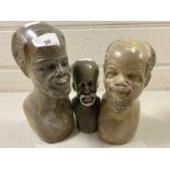 Three African soap stone carved busts probably from Zimbabwe, unsigned