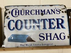 Enamel advertising sign 'Churchmans Counter Shag, The Best Lasts Longest', 76cm wide
