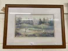 Coloured print, golfing scene, framed and glazed