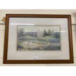 Coloured print, golfing scene, framed and glazed