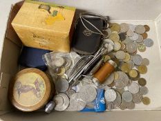 Large collection of various coinage, folding cutlery set, vintage light meter and other items