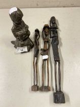 Mixed lot comprising three small East African hardwood figures together with a bronzed resin model