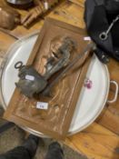 Mixed Lot: Large porcelain and metal galleried serving tray, a vintage mincer and a copper wall