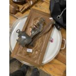 Mixed Lot: Large porcelain and metal galleried serving tray, a vintage mincer and a copper wall