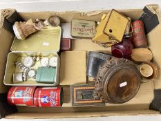 Box of various mixed items to include assorted pocket watches, vintage cash tin, Kodak camera,