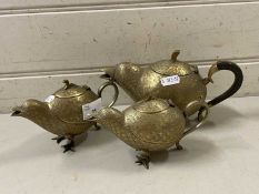 An Indian brass novelty three piece tea set formed as birds