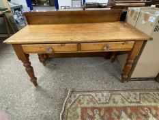 19th Century stained pine two drawer kitchen table with glass handles, 154cm wide