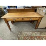 19th Century stained pine two drawer kitchen table with glass handles, 154cm wide