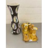 Yellow glazed porcelain dressing table set together with a mid Century vase