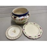 Mixed Lot: Royal Doulton Temple pattern jardiniere together with two further cream ware plates