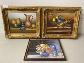 Mixed lot comprising a pair of modern still life studies, oil on canvas, gilt frames together with