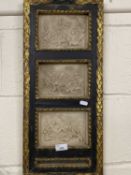 Reproduction group of three composition panels decorated with classical scenes set in a gilt