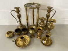 Mixed Lot: Various brass vases, candlestick and other items