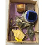 Box of various mixed items to include modern snuff bottle, small Chinese pin cushion etc