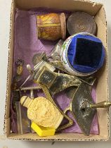 Box of various mixed items to include modern snuff bottle, small Chinese pin cushion etc