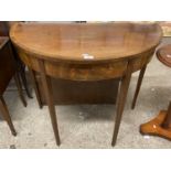 Demi lune mahogany hall table on tapering square legs, 92cm wide