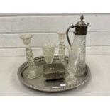 Silver plated serving tray, glass candlesticks and other items