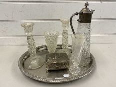 Silver plated serving tray, glass candlesticks and other items