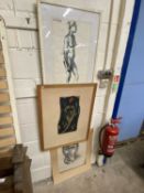 J.Dhar portrait of a female nude together with two further abstract portrait prints and one other (